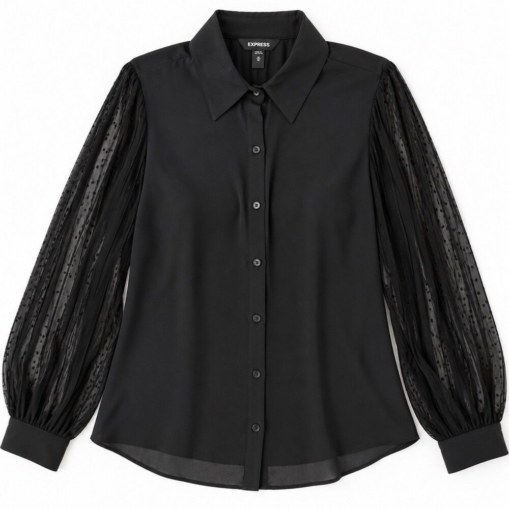 Express Women's Black Pleated Button Front Blouse Long Sleeve Size M